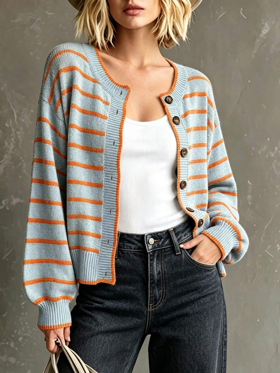 Rylee | Round Neck Striped Button Front Cardigan, Cozy Fall Winter Knit oaklynwear