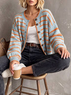 Rylee | Round Neck Striped Button Front Cardigan, Cozy Fall Winter Knit oaklynwear