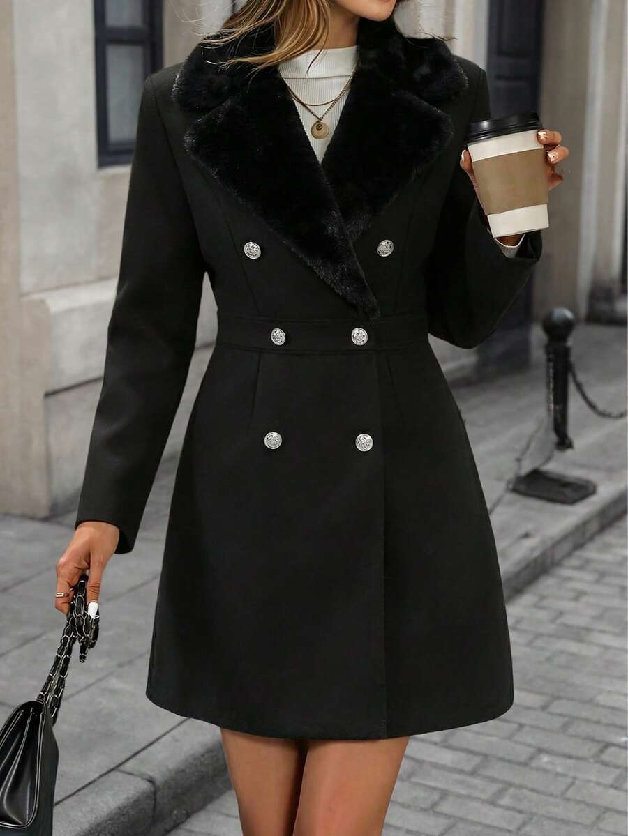 Solid Color Woven Fabric Faux Fur Collar Lined Lightweight Jacket, No Fleece White oaklynwear