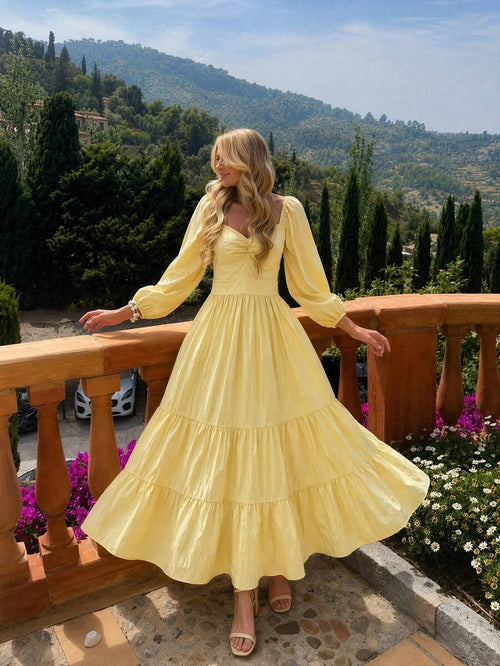 Aida Square Neck Shirred Waist A-Line Maxi Dress Bohemian Bishop Sleeve - front view