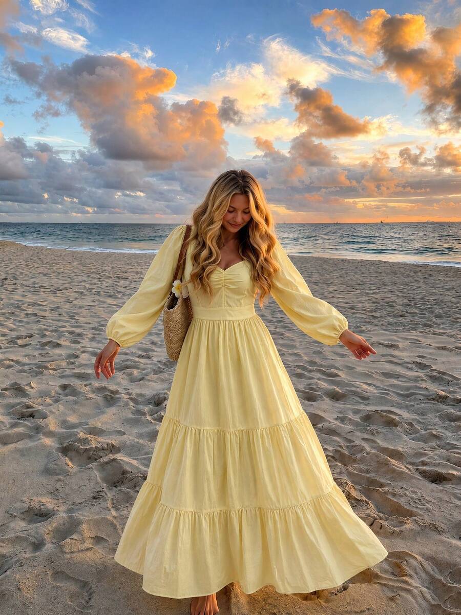 Aida Square Neck Shirred Waist A-Line Maxi Dress Bohemian Bishop Sleeve - view 6