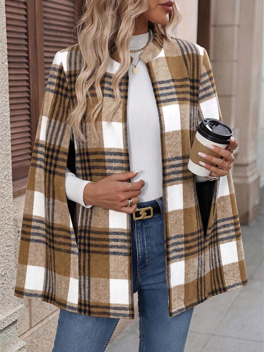 Jessica | Plaid Cape Coat with Cloak Sleeves, Elegant Stand Collar Overcoat oaklynwear