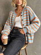 Rylee | Round Neck Striped Button Front Cardigan, Cozy Fall Winter Knit oaklynwear