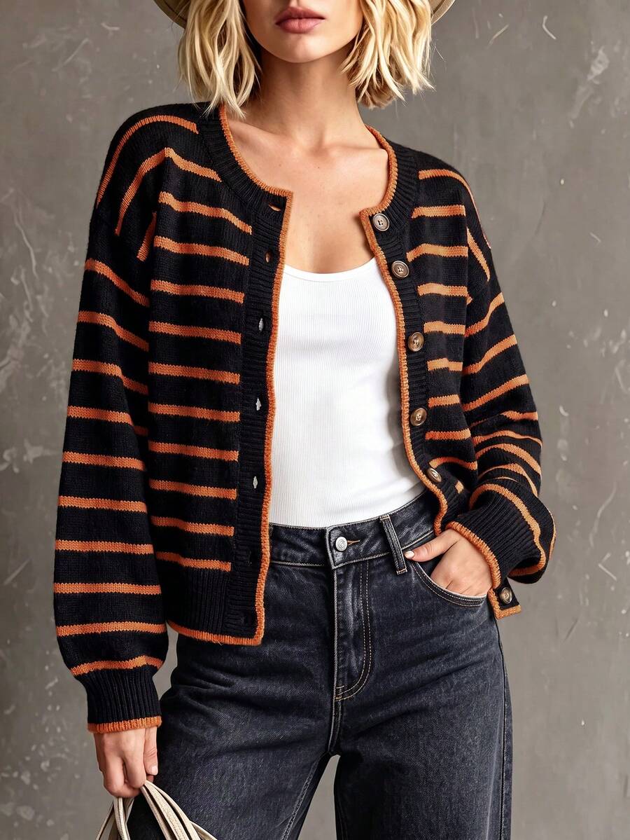 Rylee | Round Neck Striped Button Front Cardigan, Cozy Fall Winter Knit oaklynwear