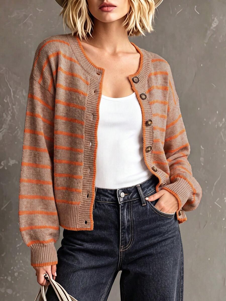 Rylee | Round Neck Striped Button Front Cardigan, Cozy Fall Winter Knit oaklynwear