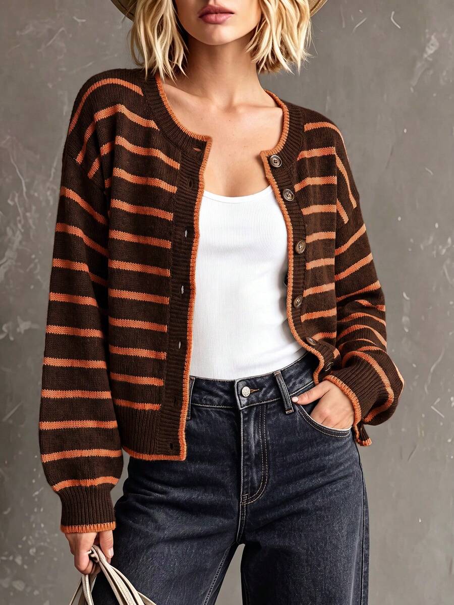 Rylee | Round Neck Striped Button Front Cardigan, Cozy Fall Winter Knit oaklynwear