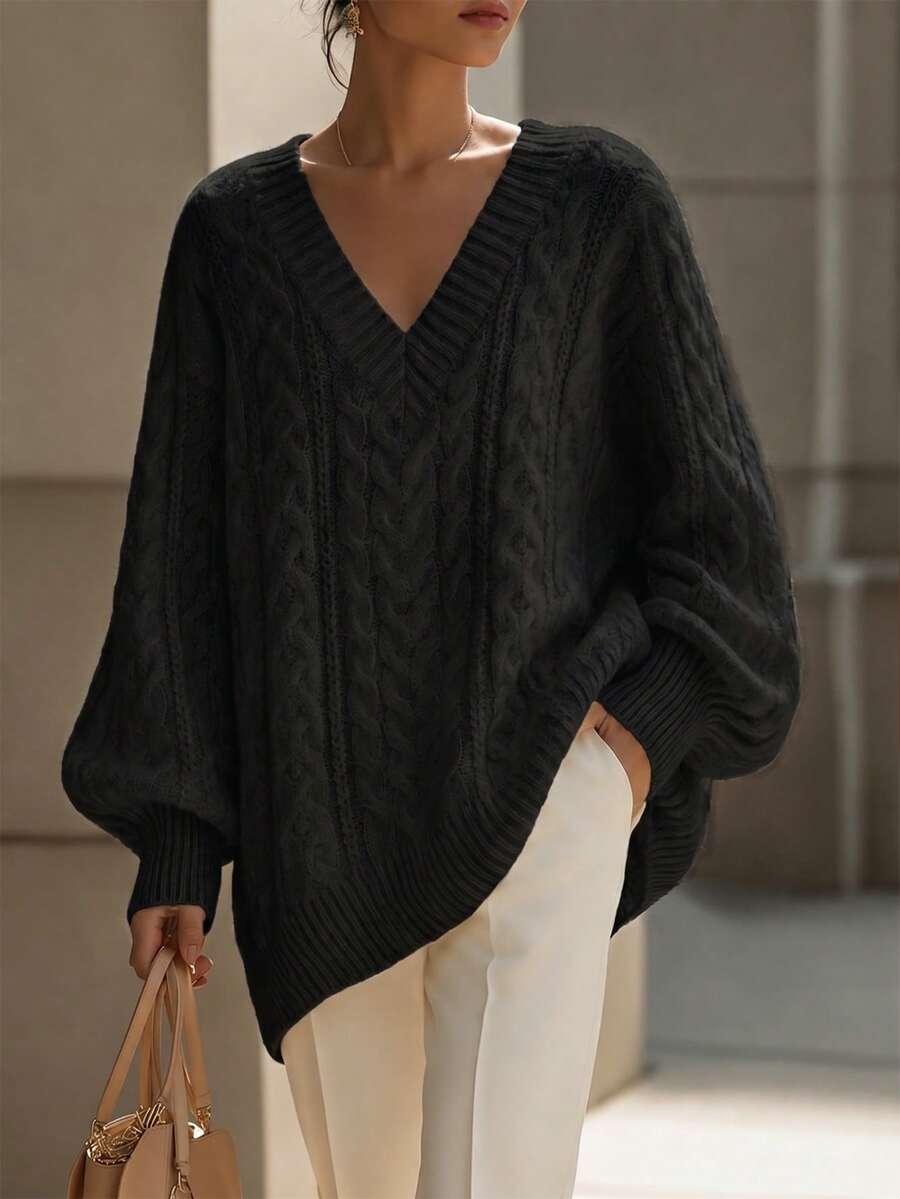 Franclia New Loose, Soft, Sweet Pink Oversized Design V-Neck Thick Cable Knit Pullover Sweater For Women, & Versatile For Autumn/Winter oaklynwear
