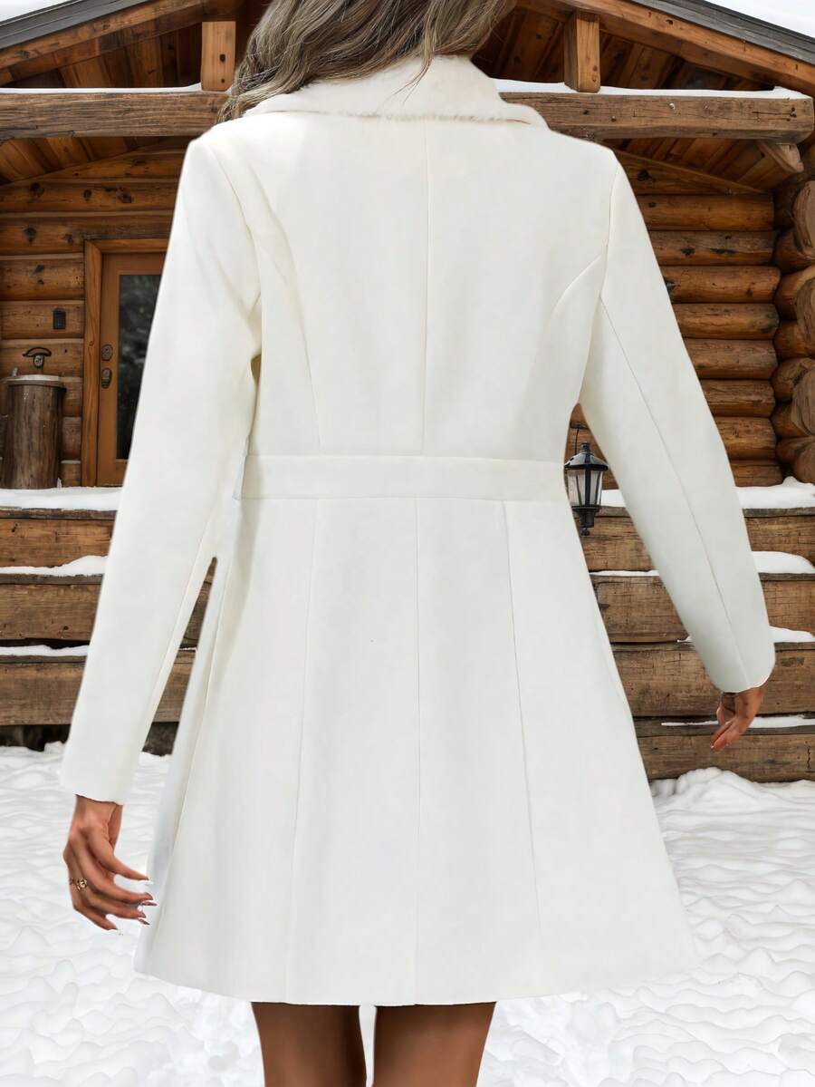 Solid Color Woven Fabric Faux Fur Collar Lined Lightweight Jacket, No Fleece White oaklynwear