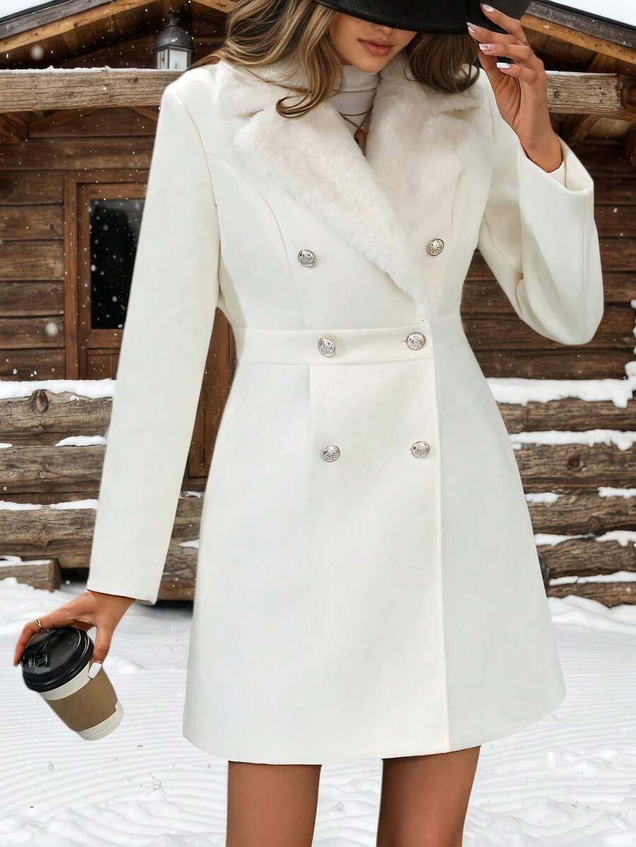 Solid Color Woven Fabric Faux Fur Collar Lined Lightweight Jacket, No Fleece White oaklynwear