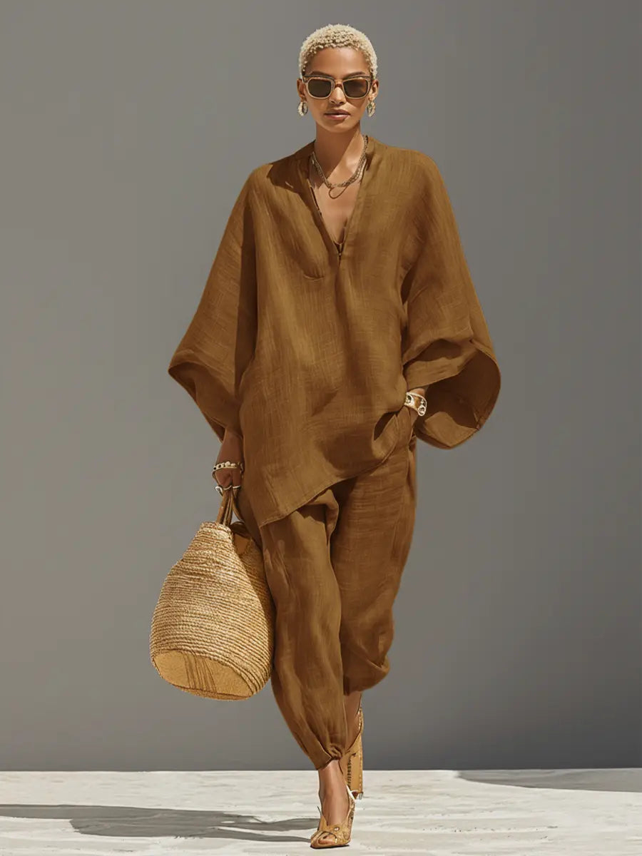 Nadia | Women's Neutral Linen Set With Asymmetric Hem & Minimalist Design oaklynwear