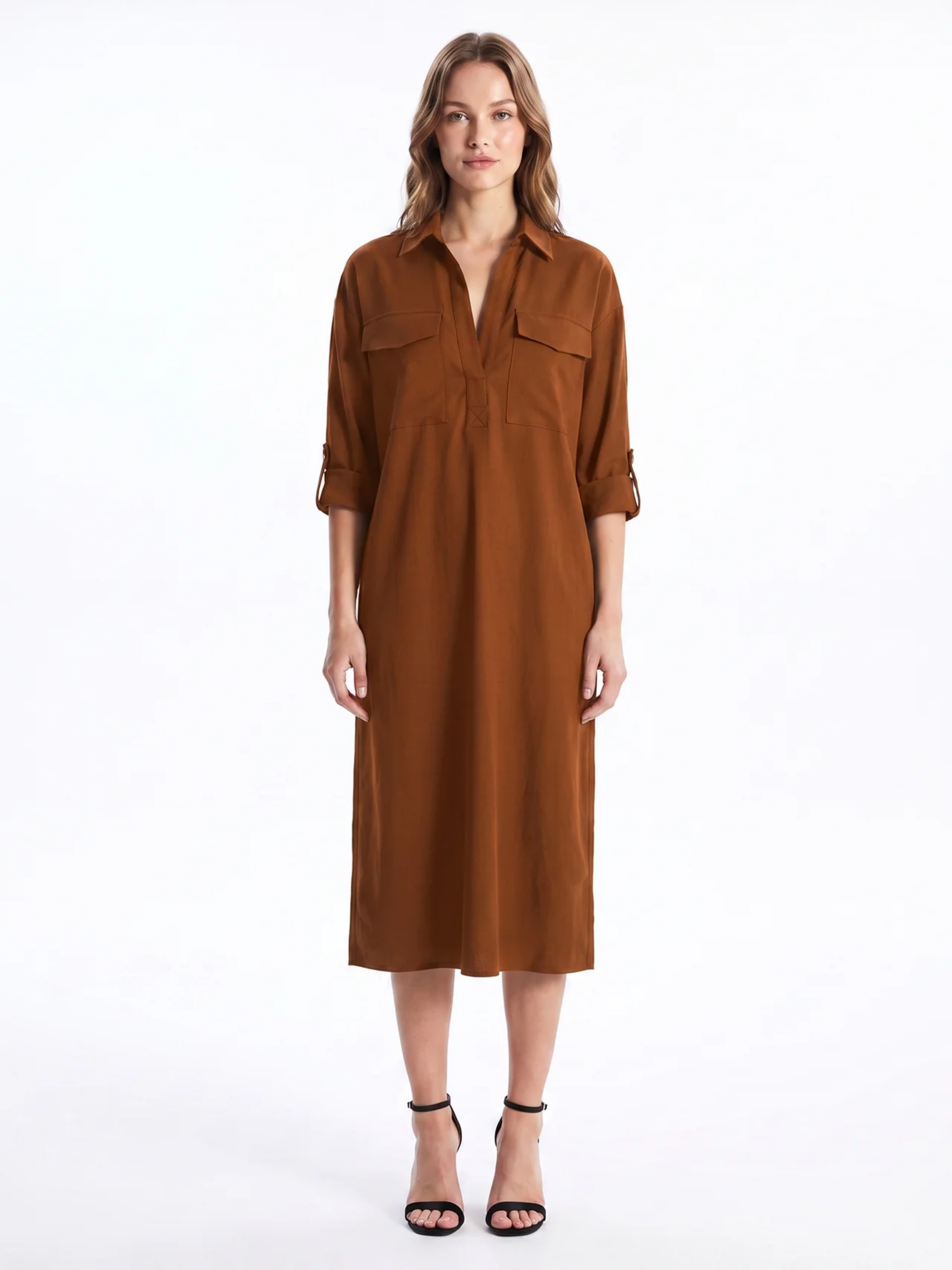 Frances | Black Linen Shirt Collar Midi Dress oaklynwear