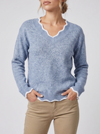 Emilia | Notch V-Neck Long Sleeve Sweater with Contrast Trim, Cozy Everyday Knit oaklynwear