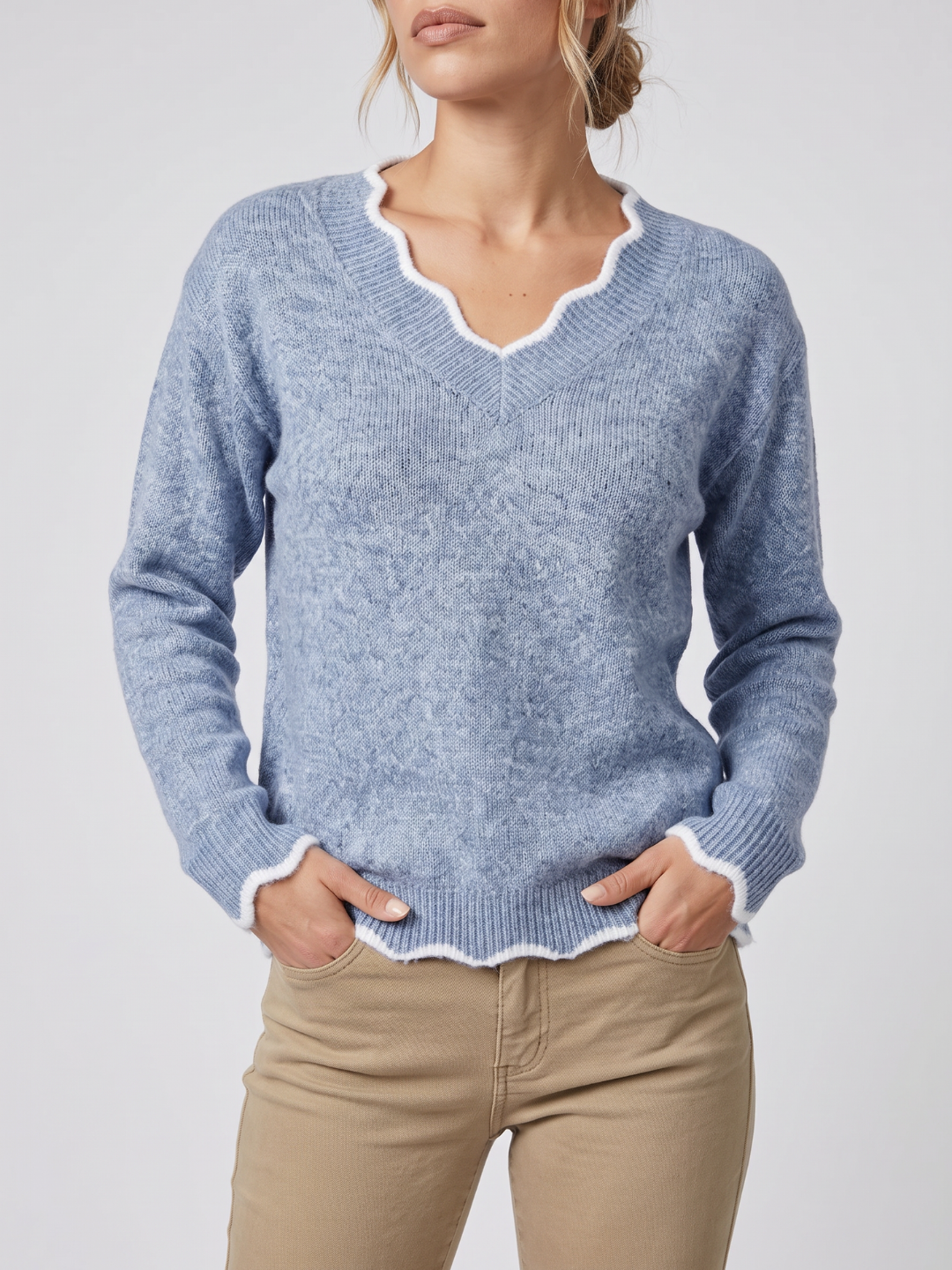 Emilia | Notch V-Neck Long Sleeve Sweater with Contrast Trim, Cozy Everyday Knit oaklynwear