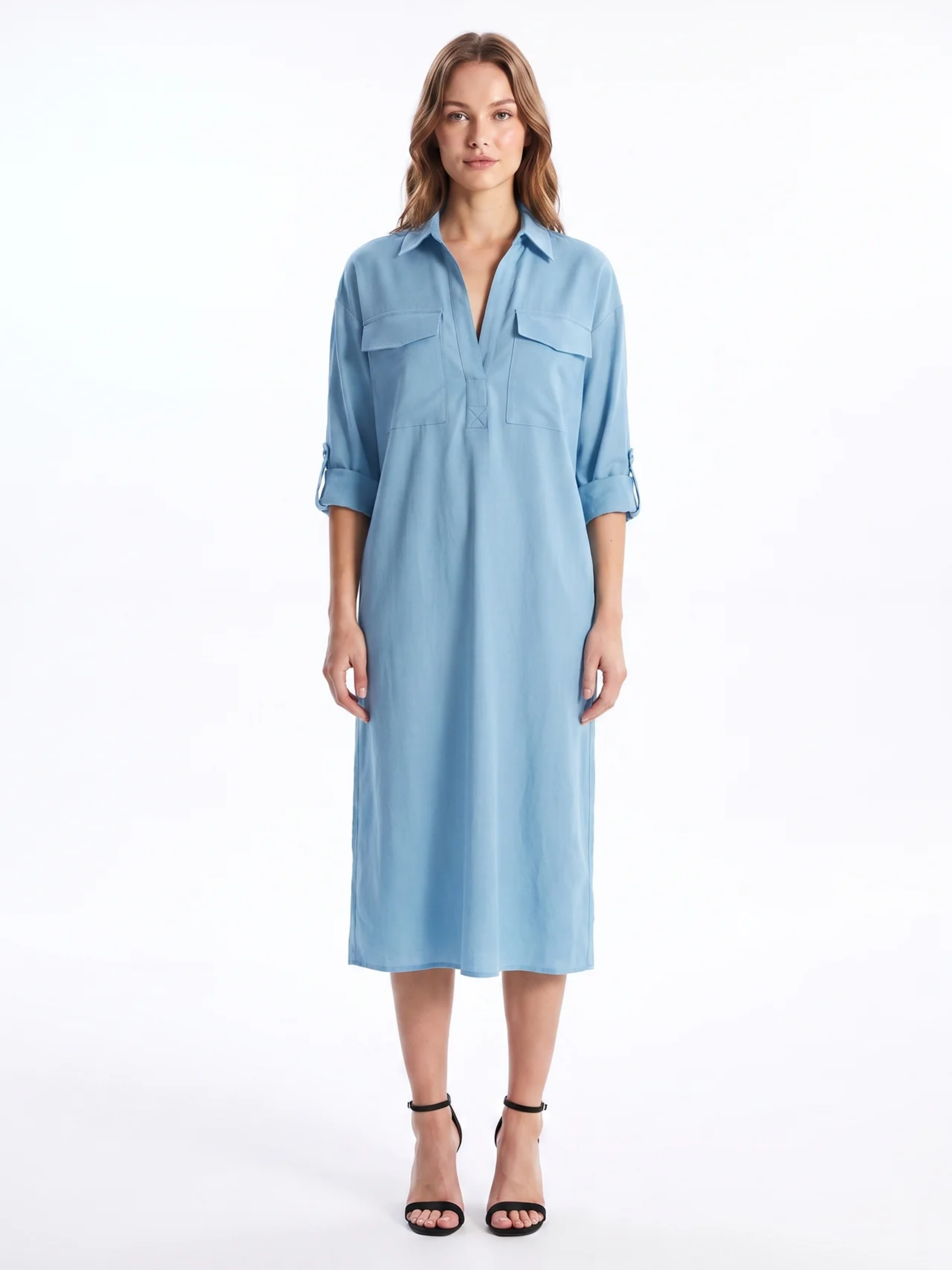 Frances | Black Linen Shirt Collar Midi Dress oaklynwear