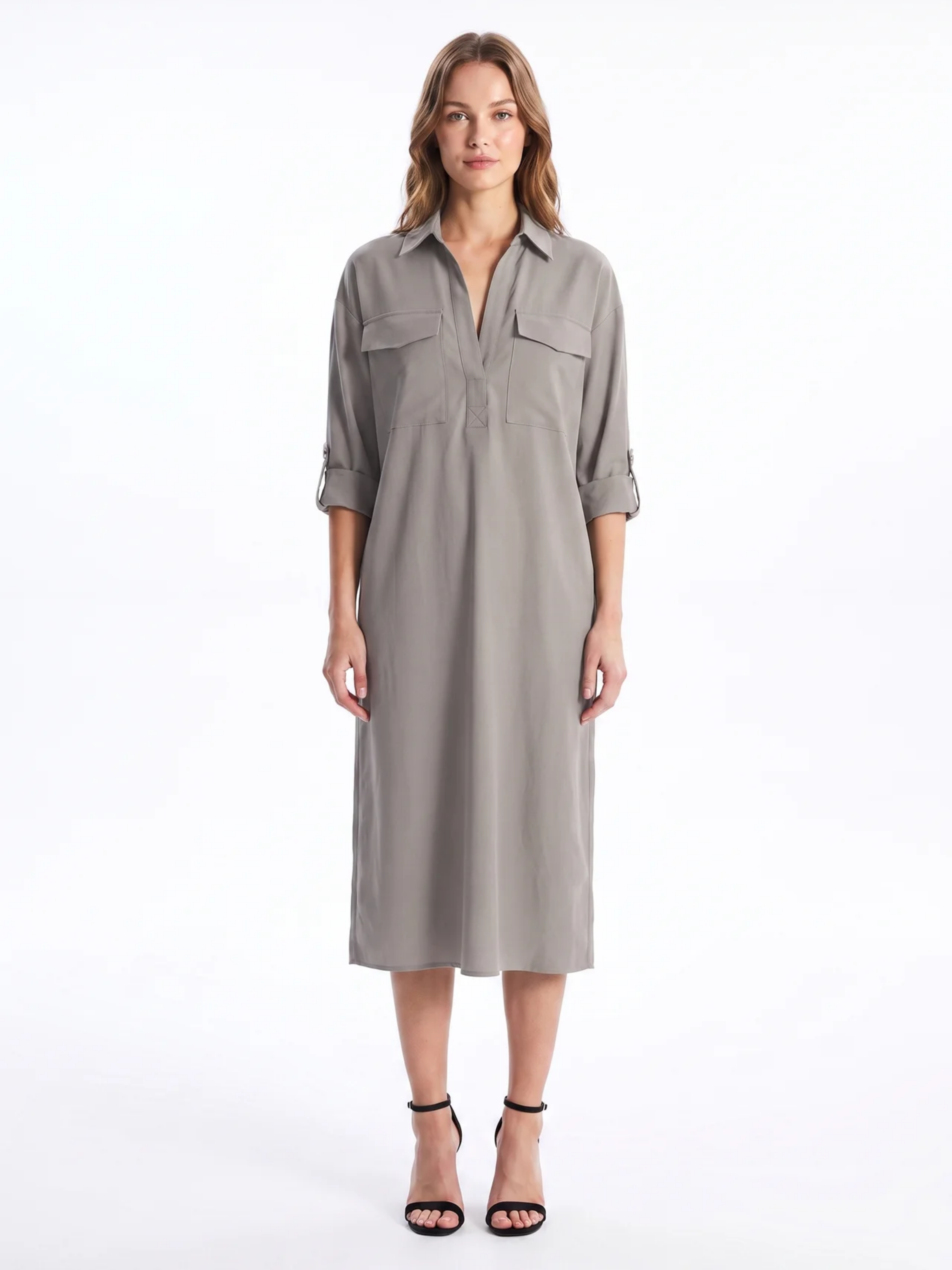 Frances | Black Linen Shirt Collar Midi Dress oaklynwear