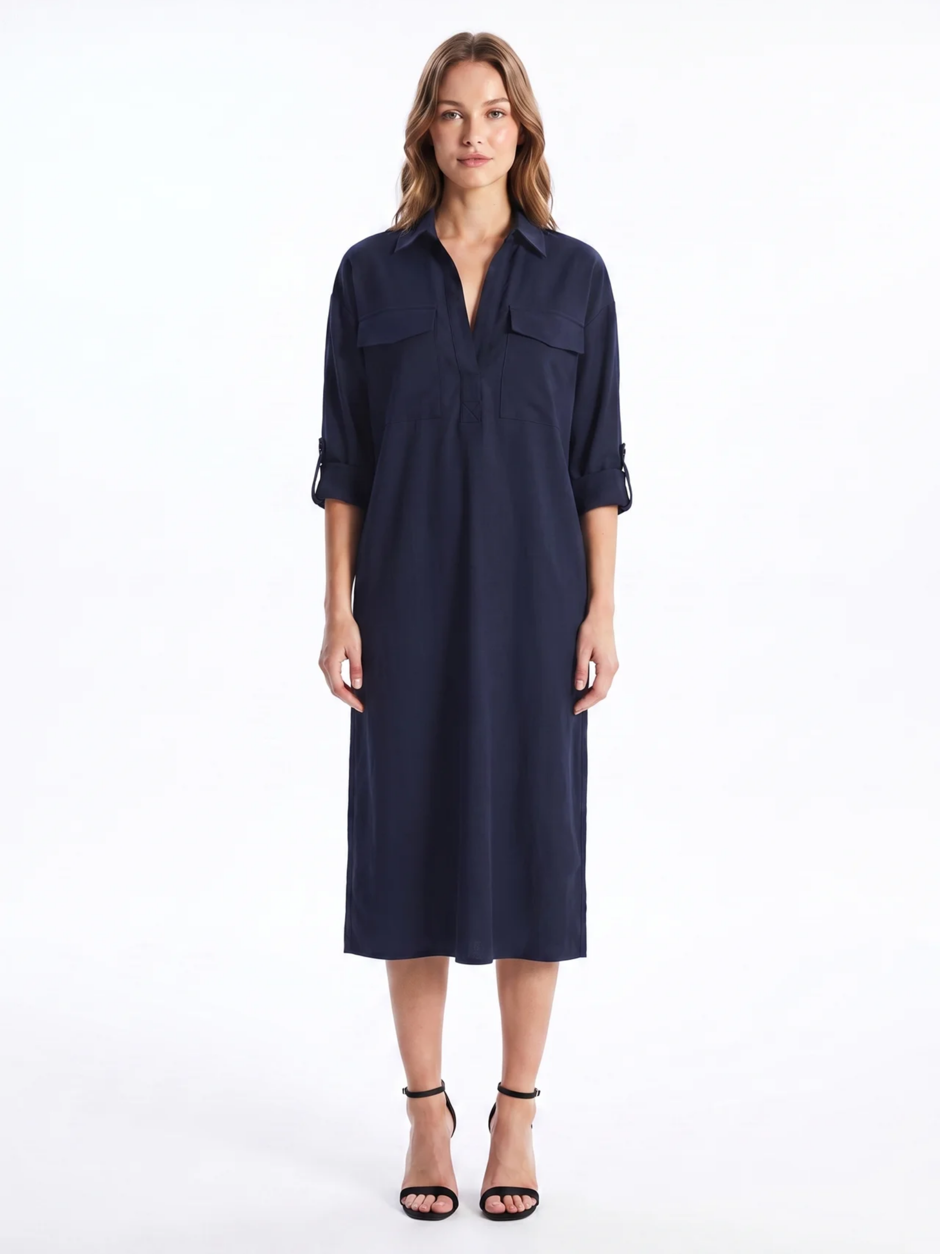 Frances | Black Linen Shirt Collar Midi Dress oaklynwear
