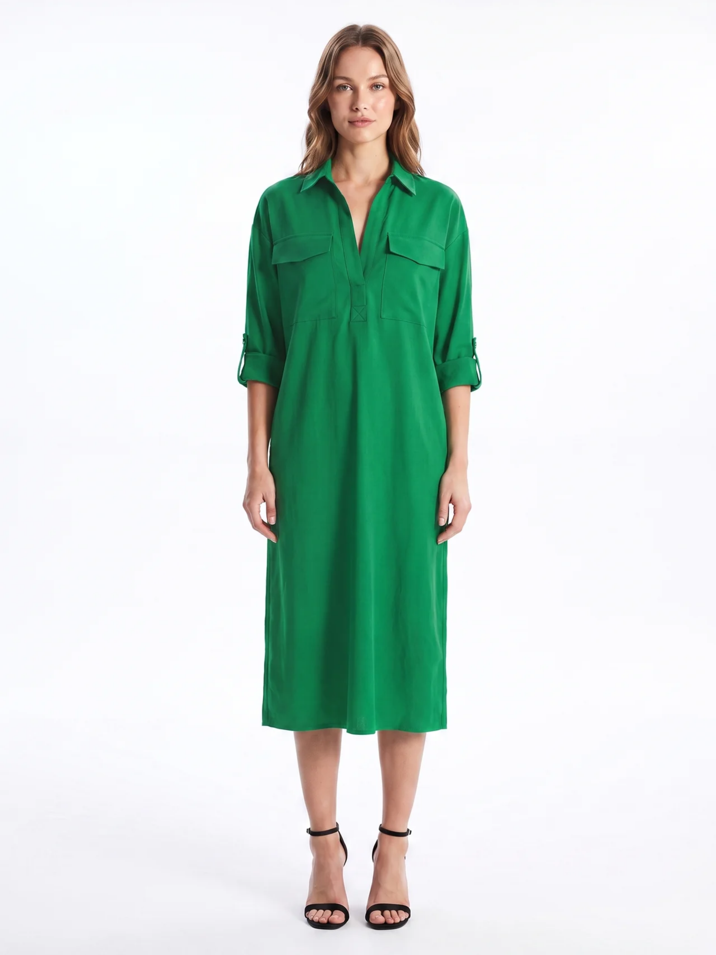 Frances | Black Linen Shirt Collar Midi Dress oaklynwear