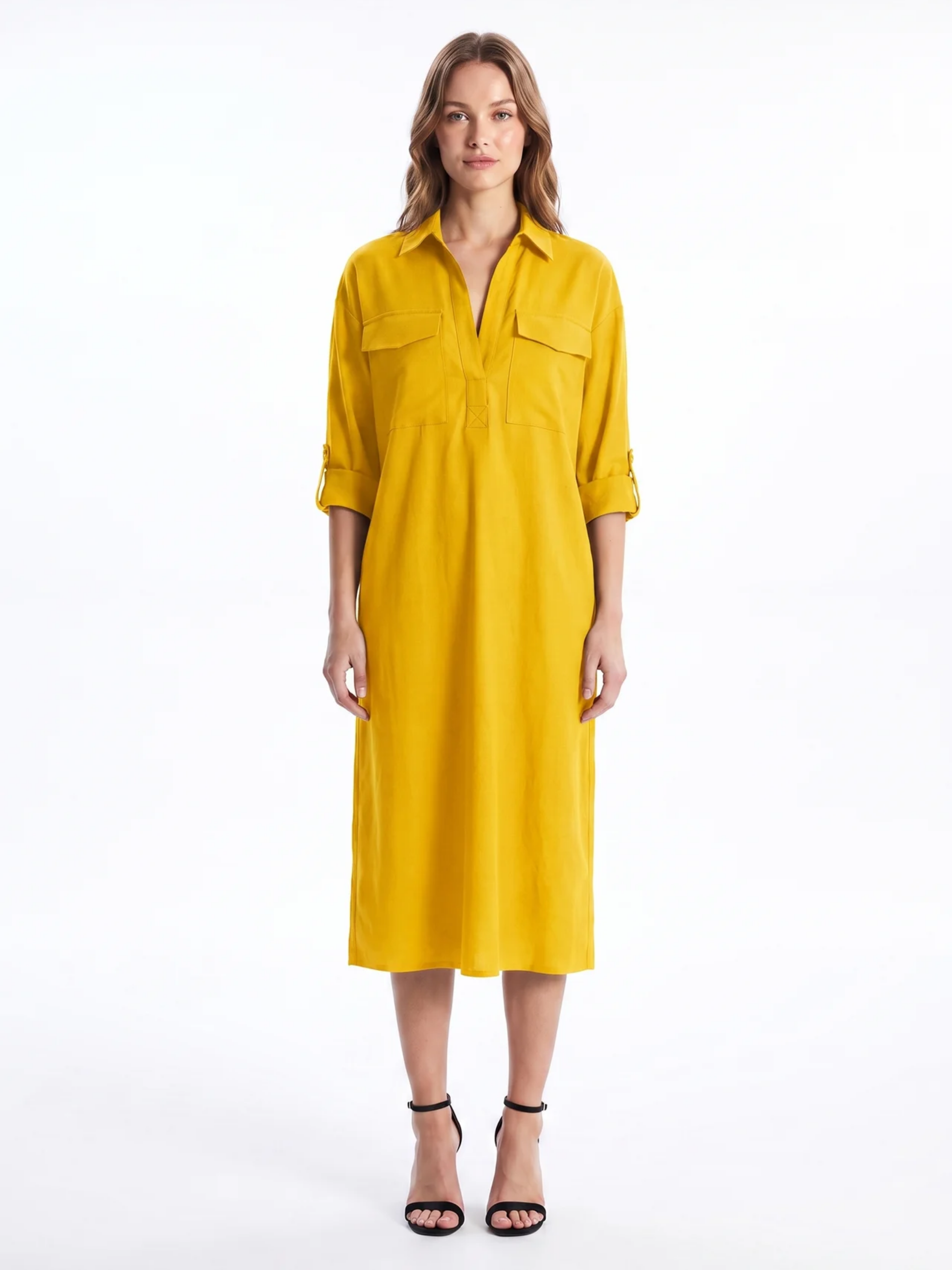 Frances | Black Linen Shirt Collar Midi Dress oaklynwear