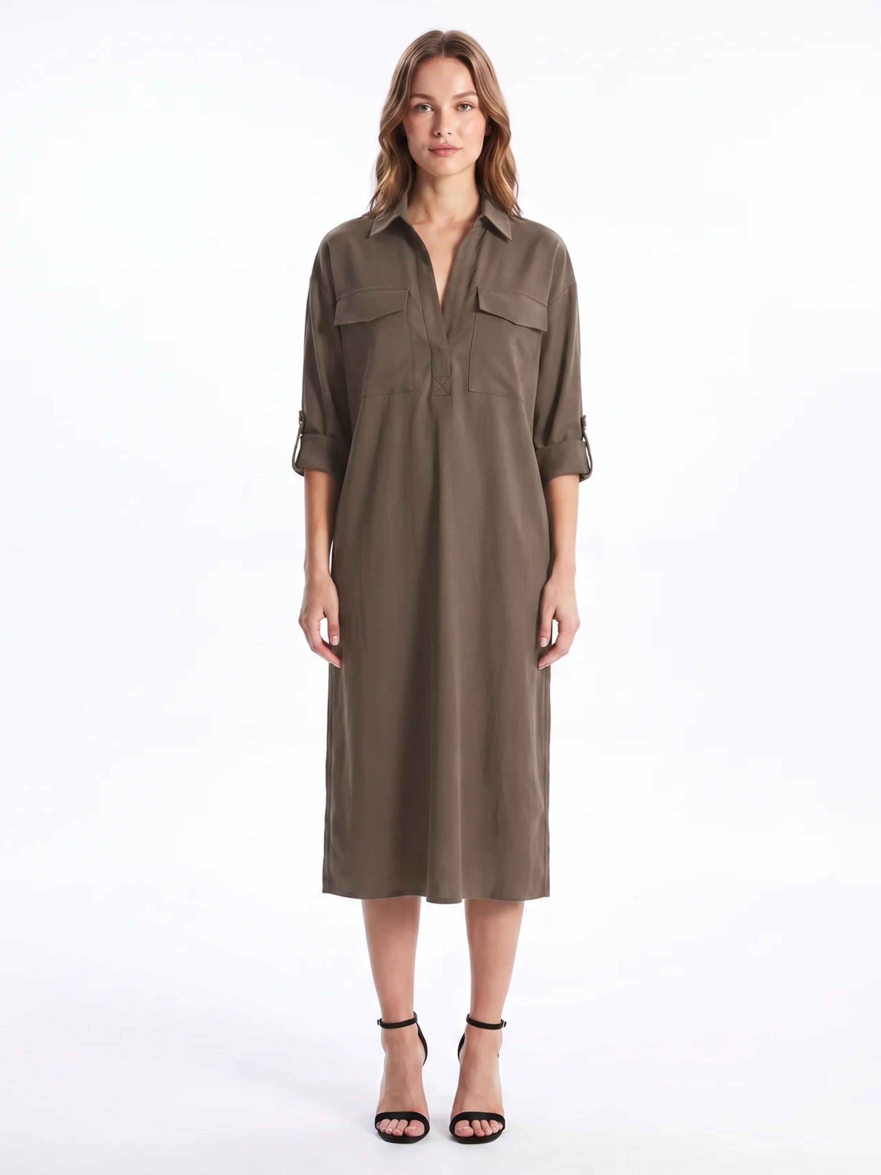 Frances | Black Linen Shirt Collar Midi Dress oaklynwear