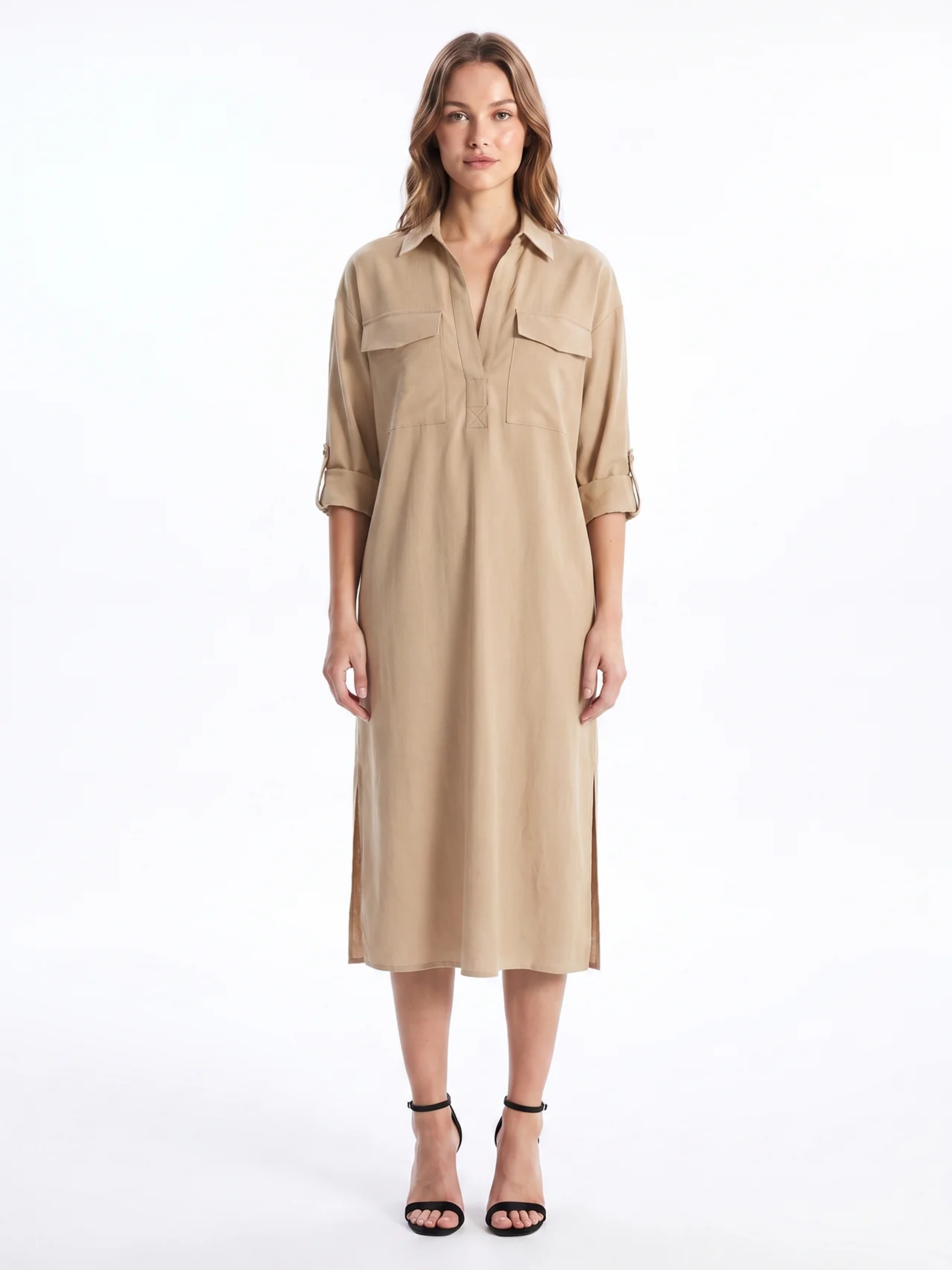 Frances | Black Linen Shirt Collar Midi Dress oaklynwear