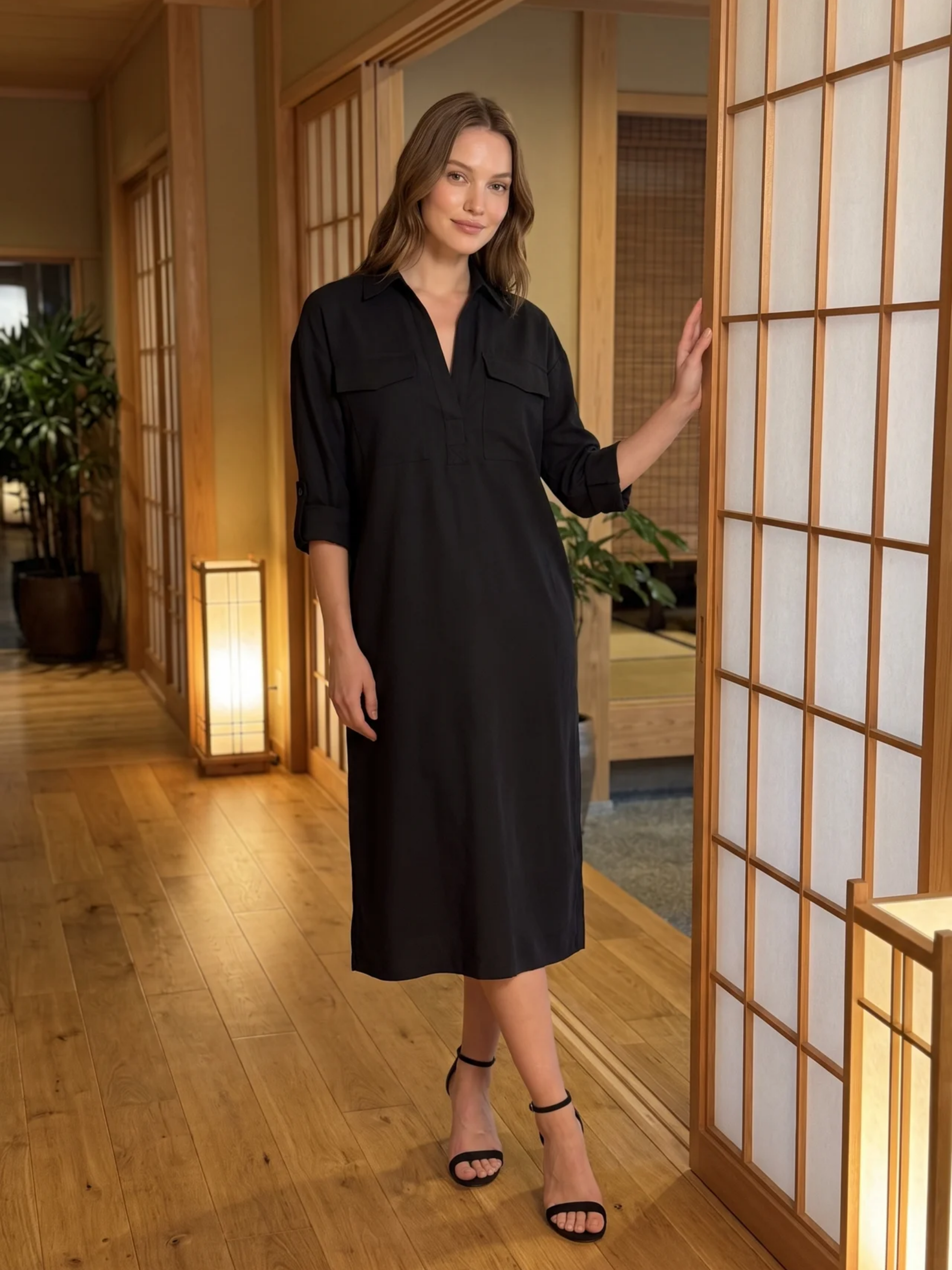 Frances | Black Linen Shirt Collar Midi Dress oaklynwear