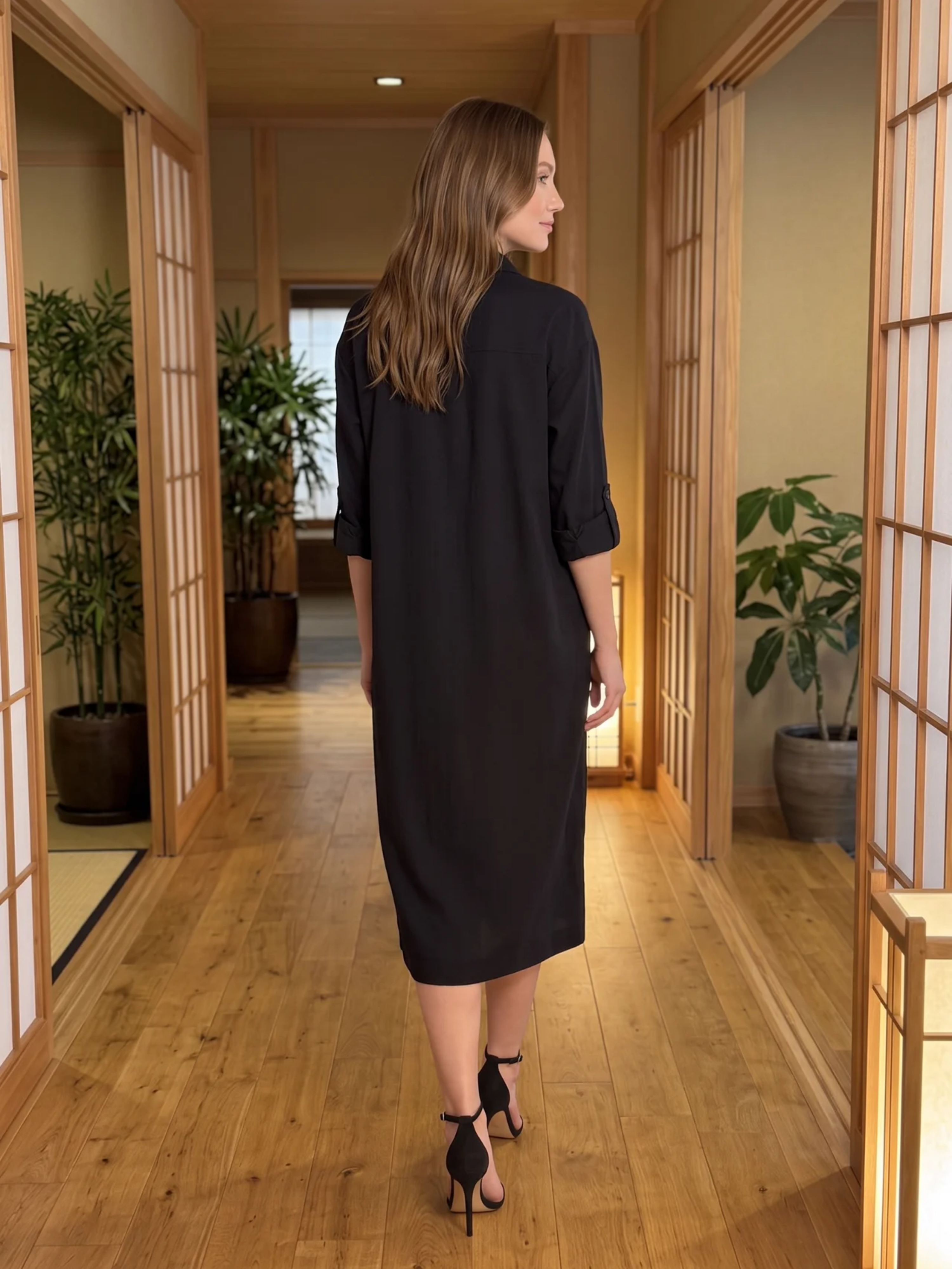 Frances | Black Linen Shirt Collar Midi Dress oaklynwear