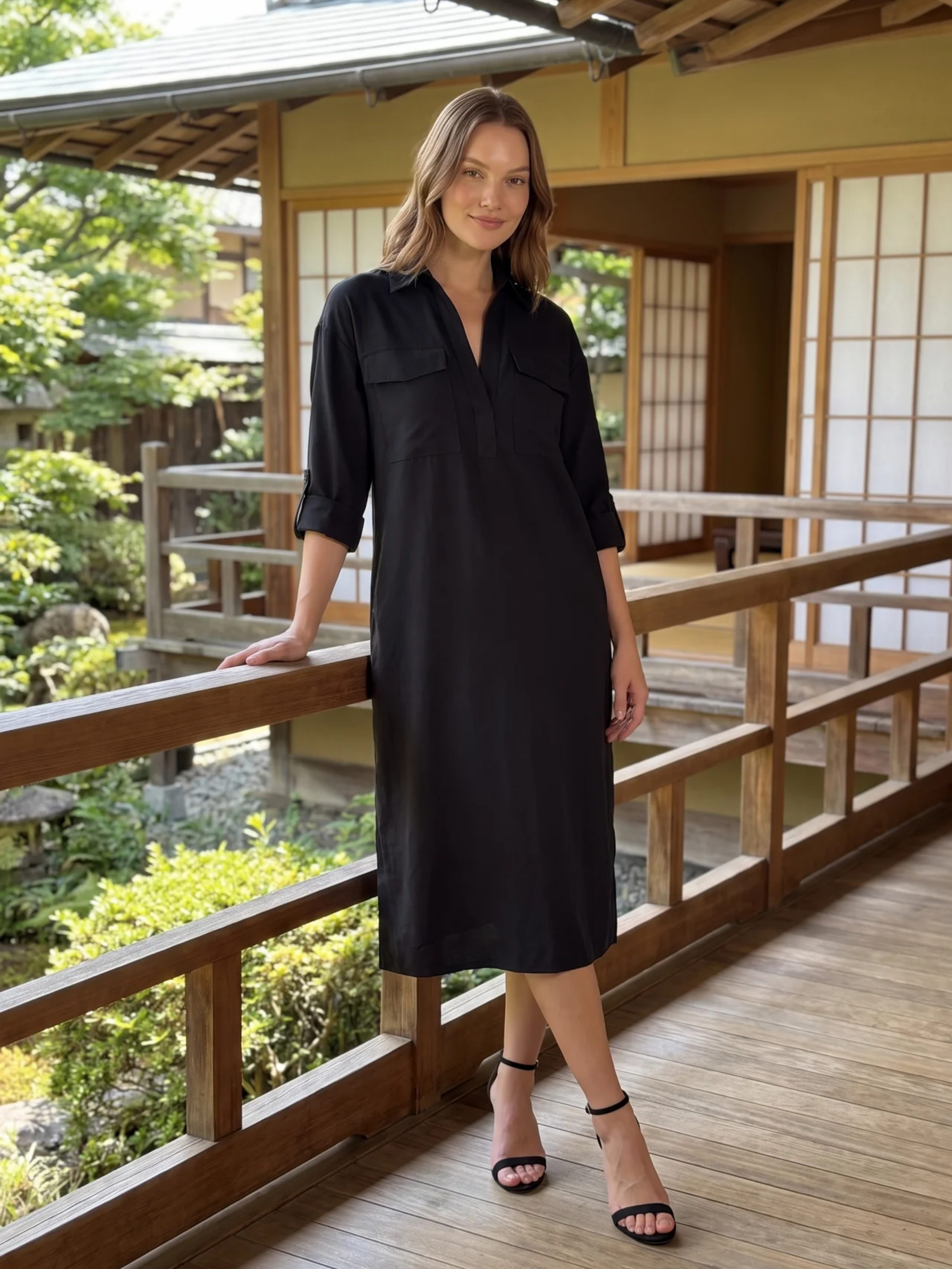 Frances | Black Linen Shirt Collar Midi Dress oaklynwear