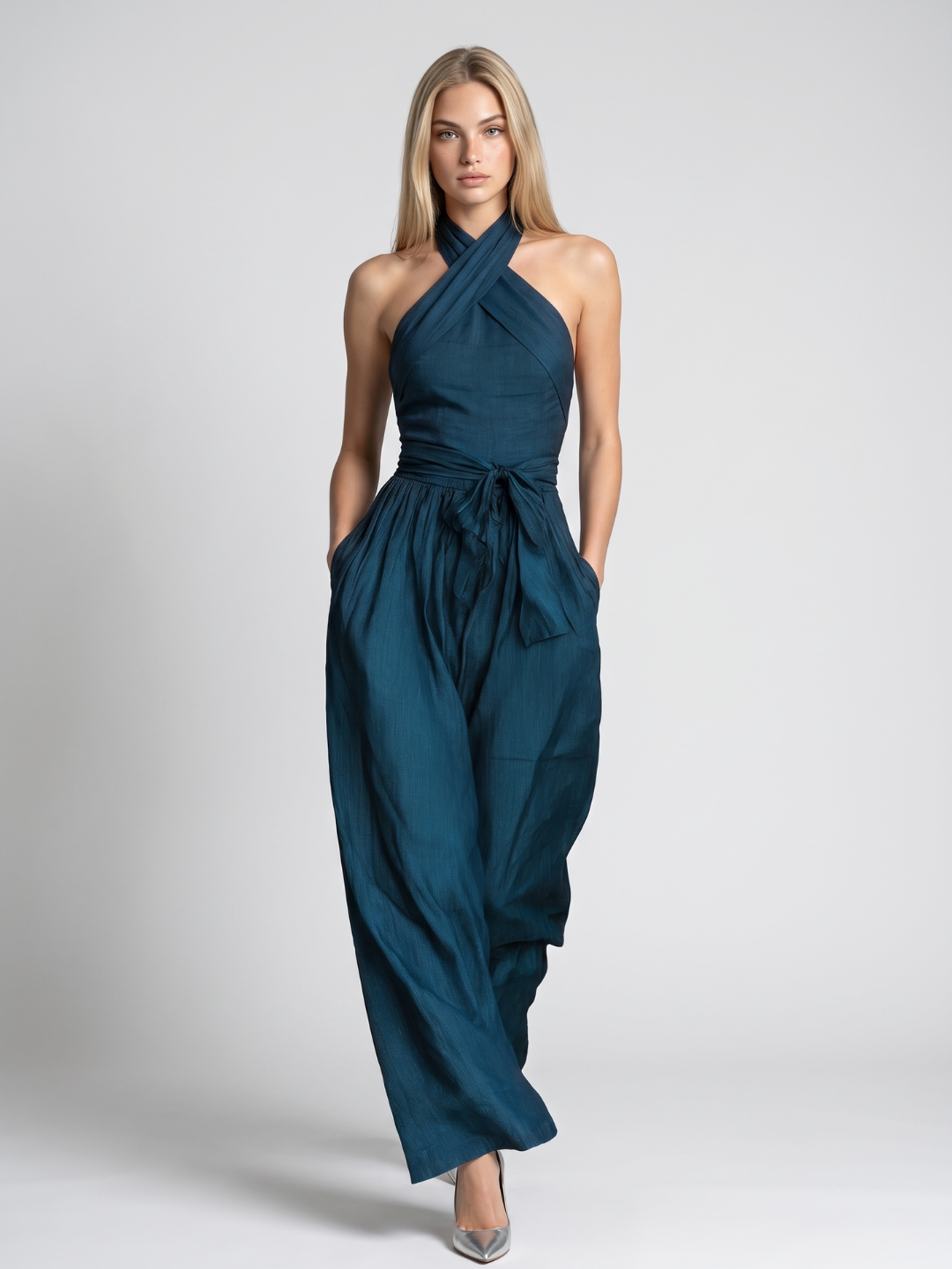 Marina | Cross Halter Wide-Leg Linen Jumpsuit oaklynwear