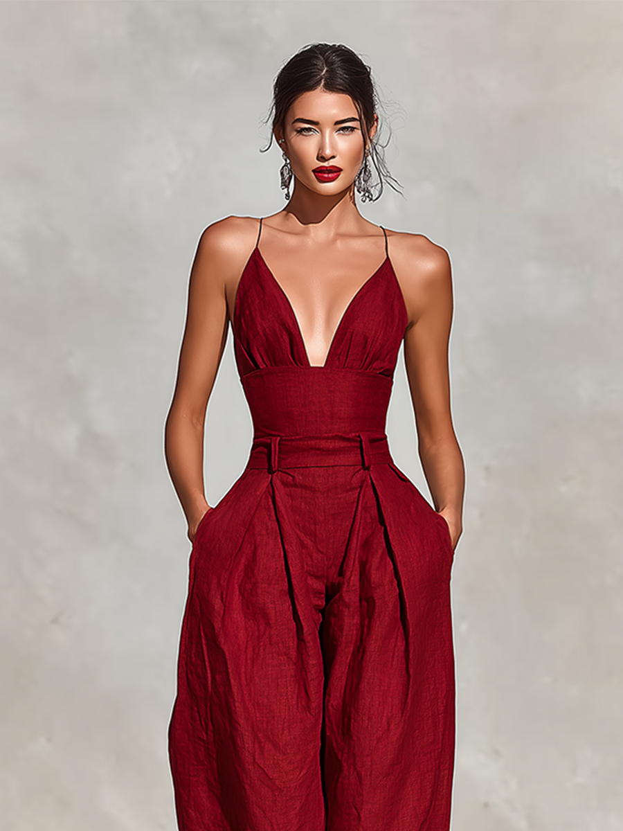 Ruby | Spaghetti Strap Linen Wide-Leg Jumpsuit oaklynwear