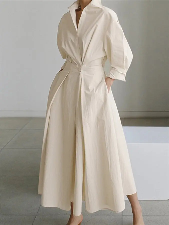 Oaklyn Cream Structured Shirt Dress – Collar Puff Sleeve Cinched Waist Pleated Midi Elegant Style oaklynwear