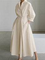 Oaklyn Cream Structured Shirt Dress – Collar Puff Sleeve Cinched Waist Pleated Midi Elegant Style oaklynwear