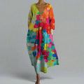 Oaklyn Abstract Brushstroke Maxi Dress – V-Neck 3/4 Sleeve Colorful Oversized Boho Style oaklynwear