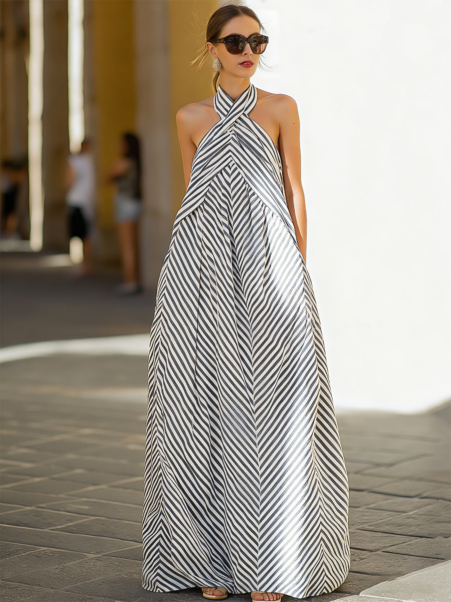 Marina | Striped Halter Neck Maxi Dress oaklynwear
