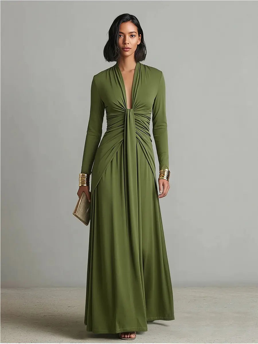 Valentina | Women's Olive Silky Stretchy Dress With Deep V-Neck & Ruched Detail oaklynwear