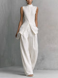 Grace | Women's Elegant White Cotton Linen Sleeveless Top and Wide-Leg Pants Set oaklynwear