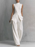 Grace | Women's Elegant White Cotton Linen Sleeveless Top and Wide-Leg Pants Set oaklynwear