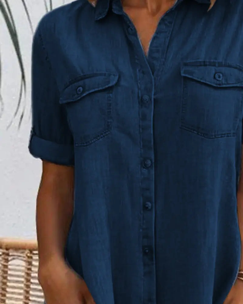 Oaklyn Chambray Shirt Dress – Collared Full Button Down Dual Pocket Casual Summer Style oaklynwear