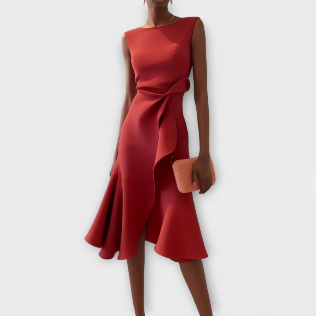 Oaklyn Asymmetric Ruffle Midi Dress – Boat Neck Sleeveless Formal Elegance oaklynwear