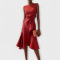 Oaklyn Asymmetric Ruffle Midi Dress – Boat Neck Sleeveless Formal Elegance oaklynwear