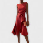 Oaklyn Asymmetric Ruffle Midi Dress – Boat Neck Sleeveless Formal Elegance oaklynwear