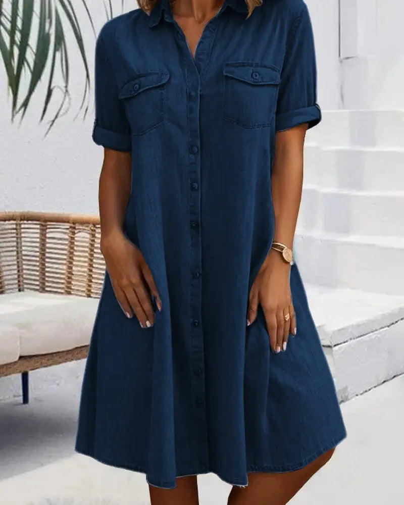 Oaklyn Chambray Shirt Dress – Collared Full Button Down Dual Pocket Casual Summer Style oaklynwear
