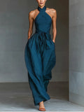 Marina | Women's Navy Blue Linen Fabric Cross Halter Wide-Leg Jumpsuit With Tie Waist & Side Pockets oaklynwear
