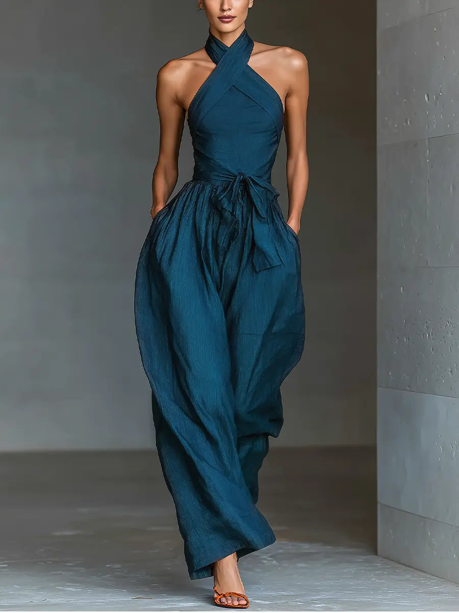 Marina | Women's Navy Blue Linen Fabric Cross Halter Wide-Leg Jumpsuit With Tie Waist & Side Pockets oaklynwear