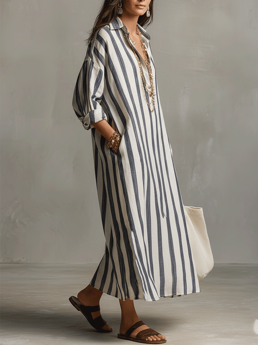 Casual Striped Shirt Bohemian Style Maxi Dress oaklynwear