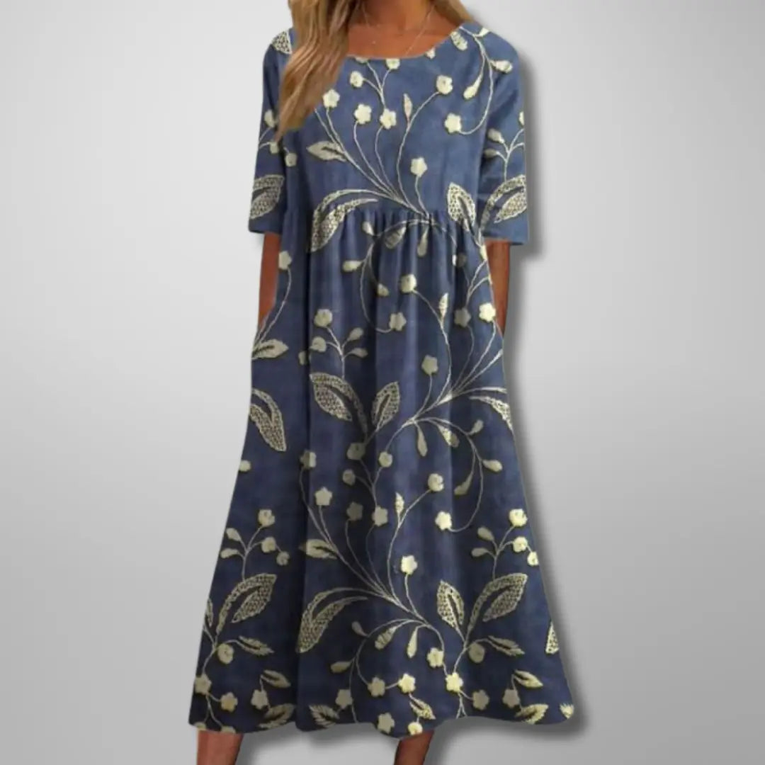 Oaklyn Floral Relaxed Midi Dress – Round Neck Elbow Sleeve Everyday Style oaklynwear