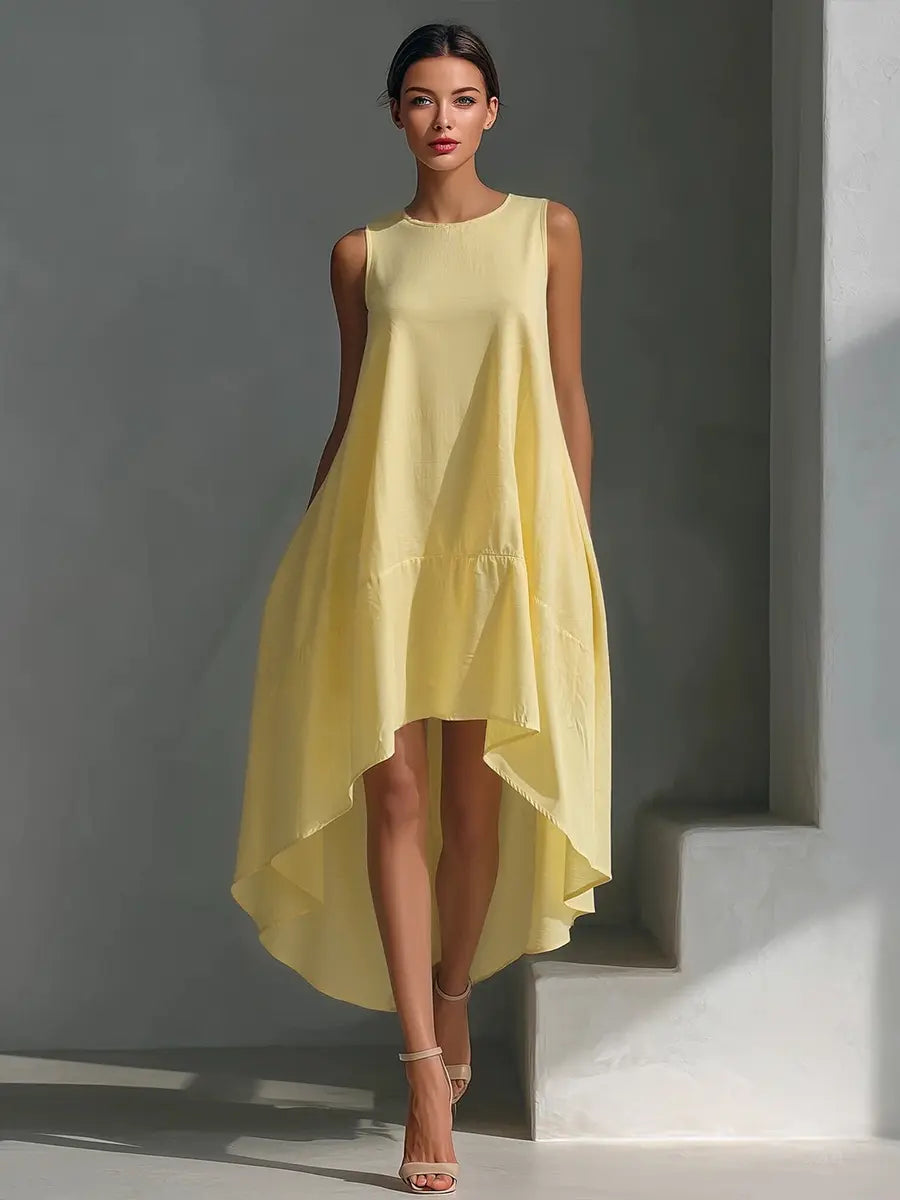 Vera | Women's White Linen Fabric Sleeveless Midi Dress With Round Neck & Asymmetric Hem oaklynwear