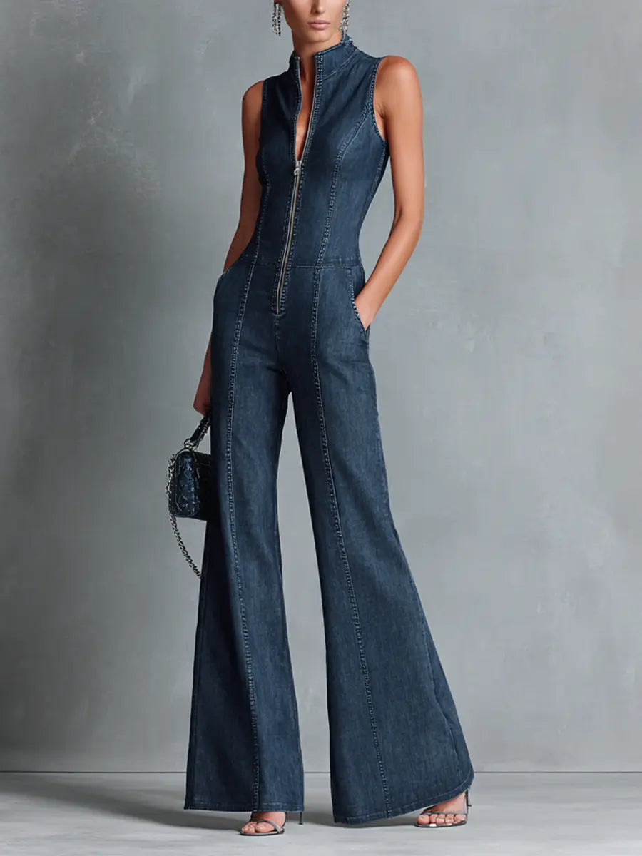 Roxanne | Women's Retro Style Dark Blue Denim Sleeveless High-Neck Flared Jumpsuit With Front Zipper oaklynwear