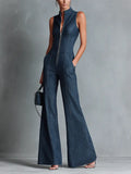 Roxanne | Women's Retro Style Dark Blue Denim Sleeveless High-Neck Flared Jumpsuit With Front Zipper oaklynwear