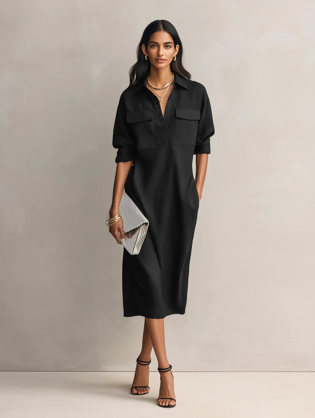 Frances | Women's Elegant Black Cotton-Linen Blend Shirt Collar Short-Sleeved Midi Dress oaklynwear