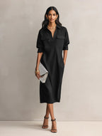 Frances | Women's Elegant Black Cotton-Linen Blend Shirt Collar Short-Sleeved Midi Dress oaklynwear
